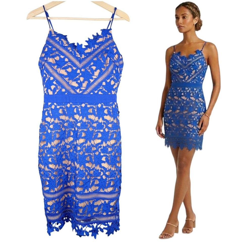 Adelyn Rae Women Small Mini Blue Lace Scallop‎ Fit Flare Cocktail Party Dress